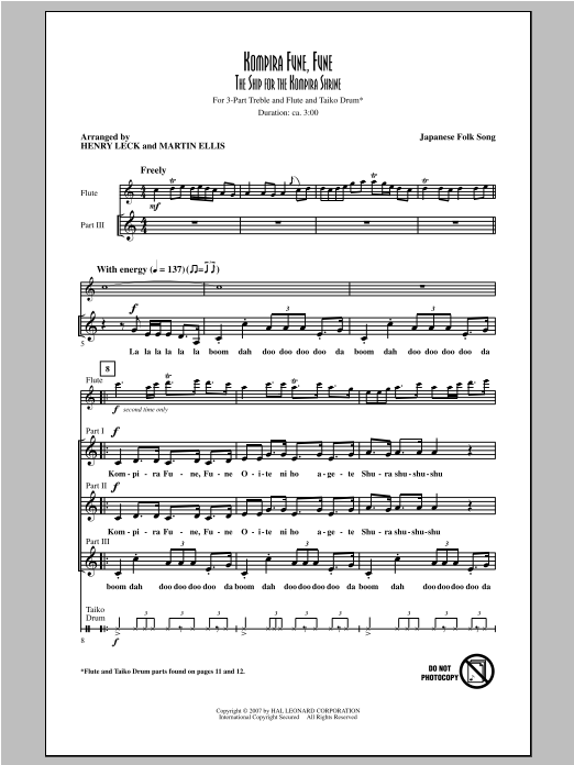Traditional Kompira Fune, Fune (The Ship For The Kompira Shrine) (arr. Henry Leck) Sheet Music Notes & Chords for 3-Part Treble - Download or Print PDF