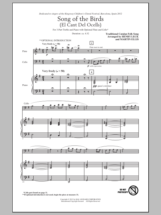 Henry Leck Song Of The Birds (El Cant Del Ocells) Sheet Music Notes & Chords for 3-Part Treble - Download or Print PDF