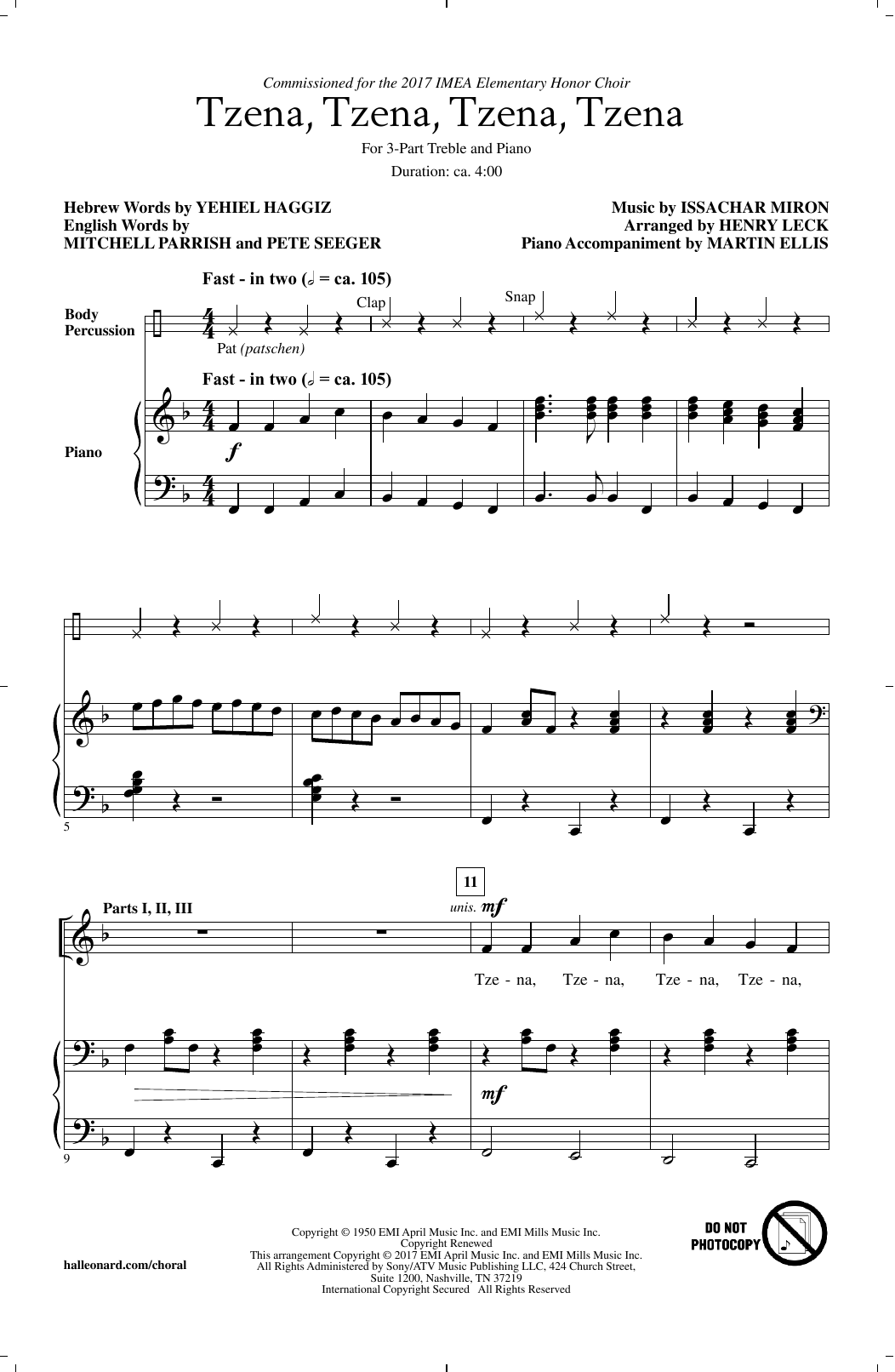 Henry Leck Tzena, Tzena, Tzena, Tzena Sheet Music Notes & Chords for 3-Part Treble - Download or Print PDF