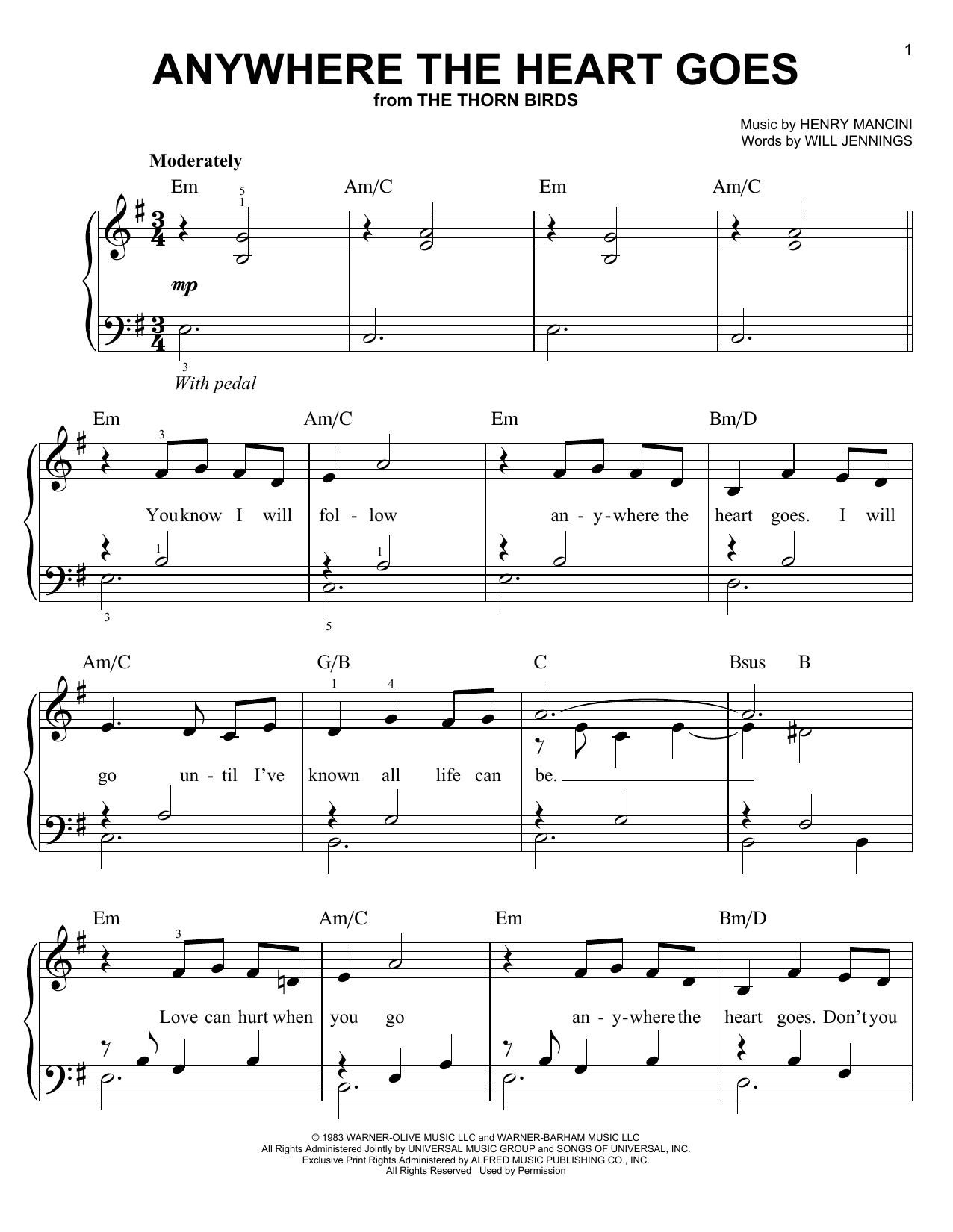 Henry Mancini Anywhere The Heart Goes (from The Thorn Birds) Sheet Music Notes & Chords for Easy Piano - Download or Print PDF