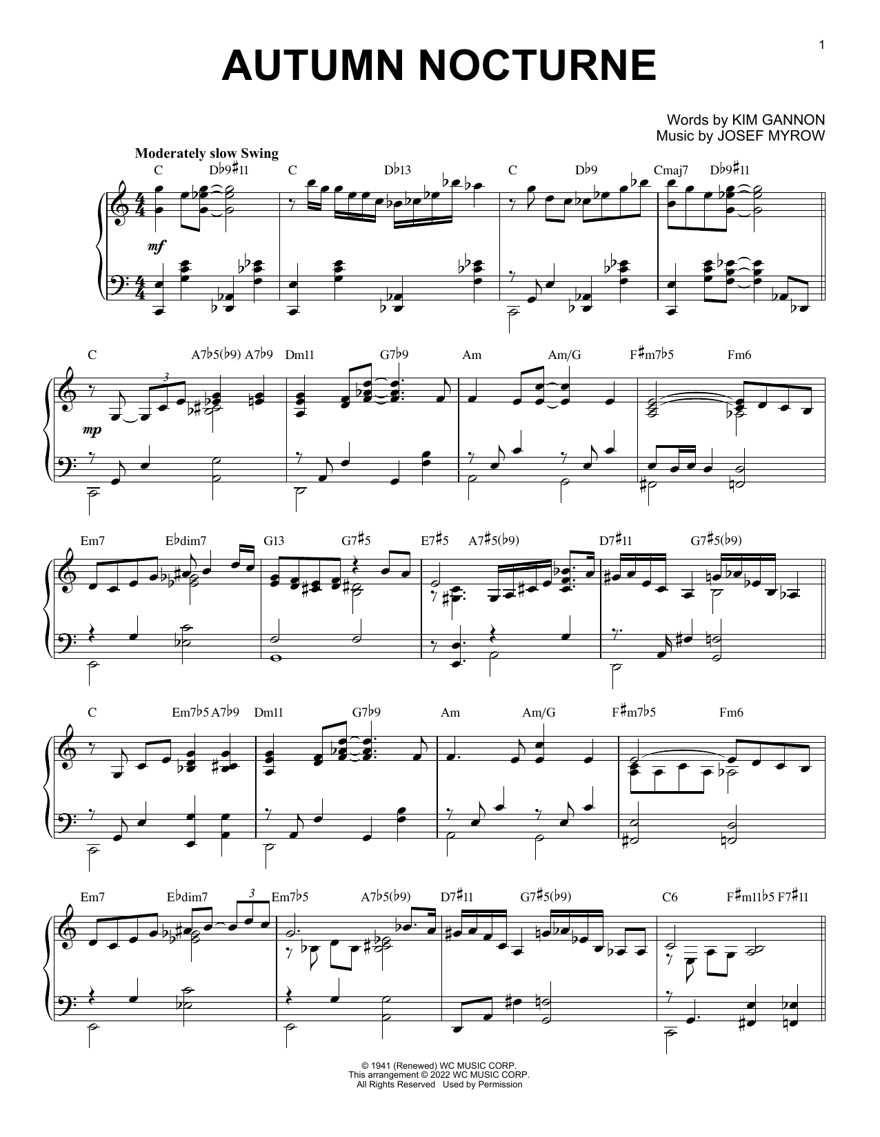 Henry Mancini Autumn Nocturne [Jazz version] (arr. Brent Edstrom) Sheet Music Notes & Chords for Piano Solo - Download or Print PDF