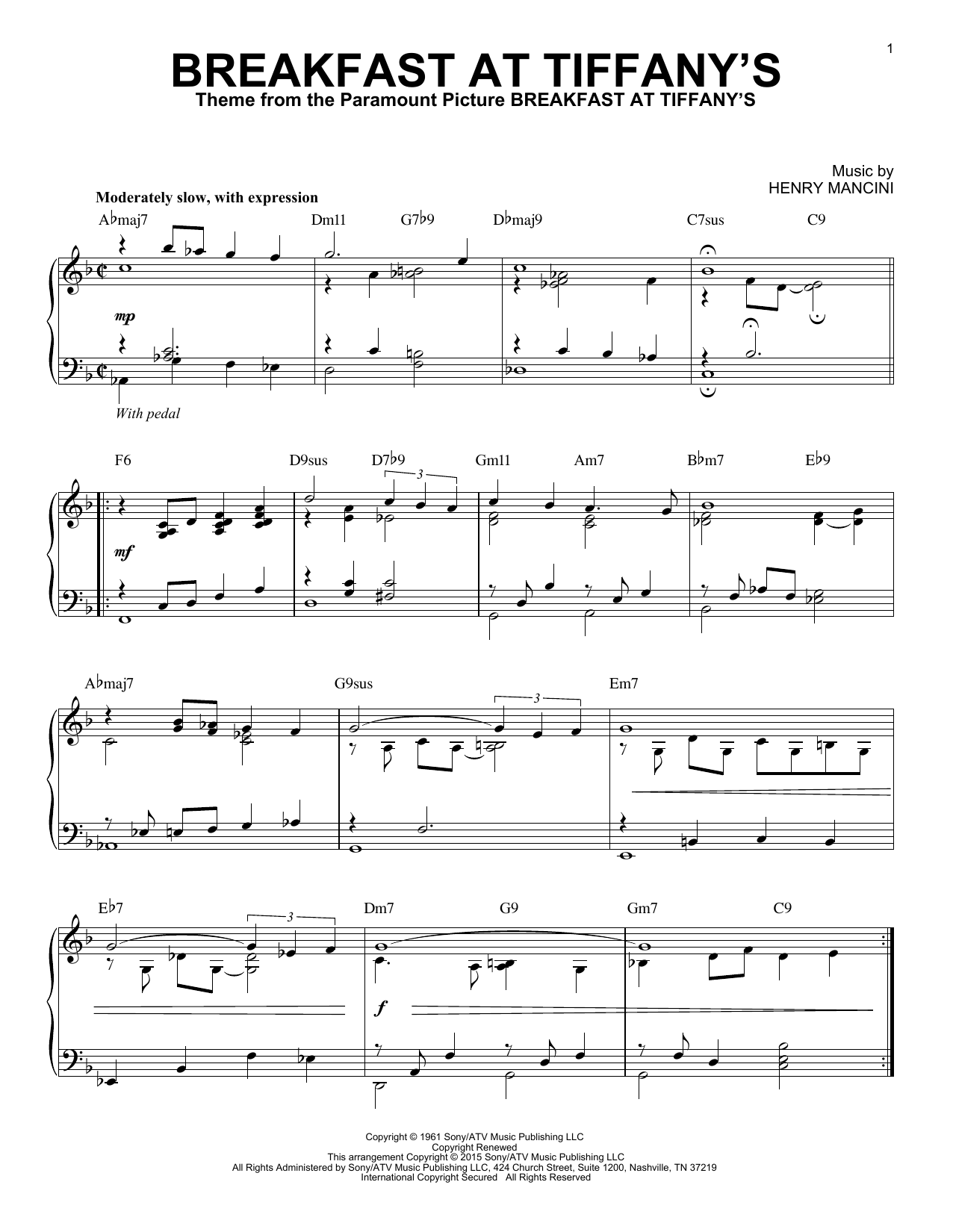Henry Mancini Breakfast At Tiffany's [Jazz version] (arr. Brent Edstrom) Sheet Music Notes & Chords for Piano - Download or Print PDF