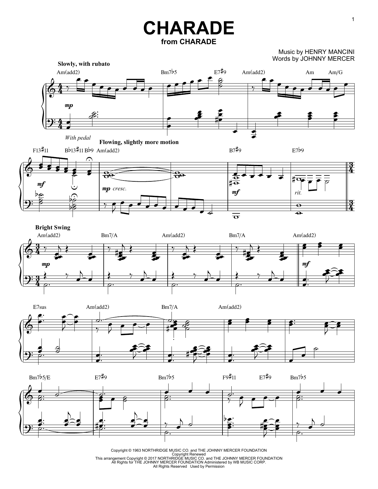 Henry Mancini Charade [Jazz version] Sheet Music Notes & Chords for Piano - Download or Print PDF