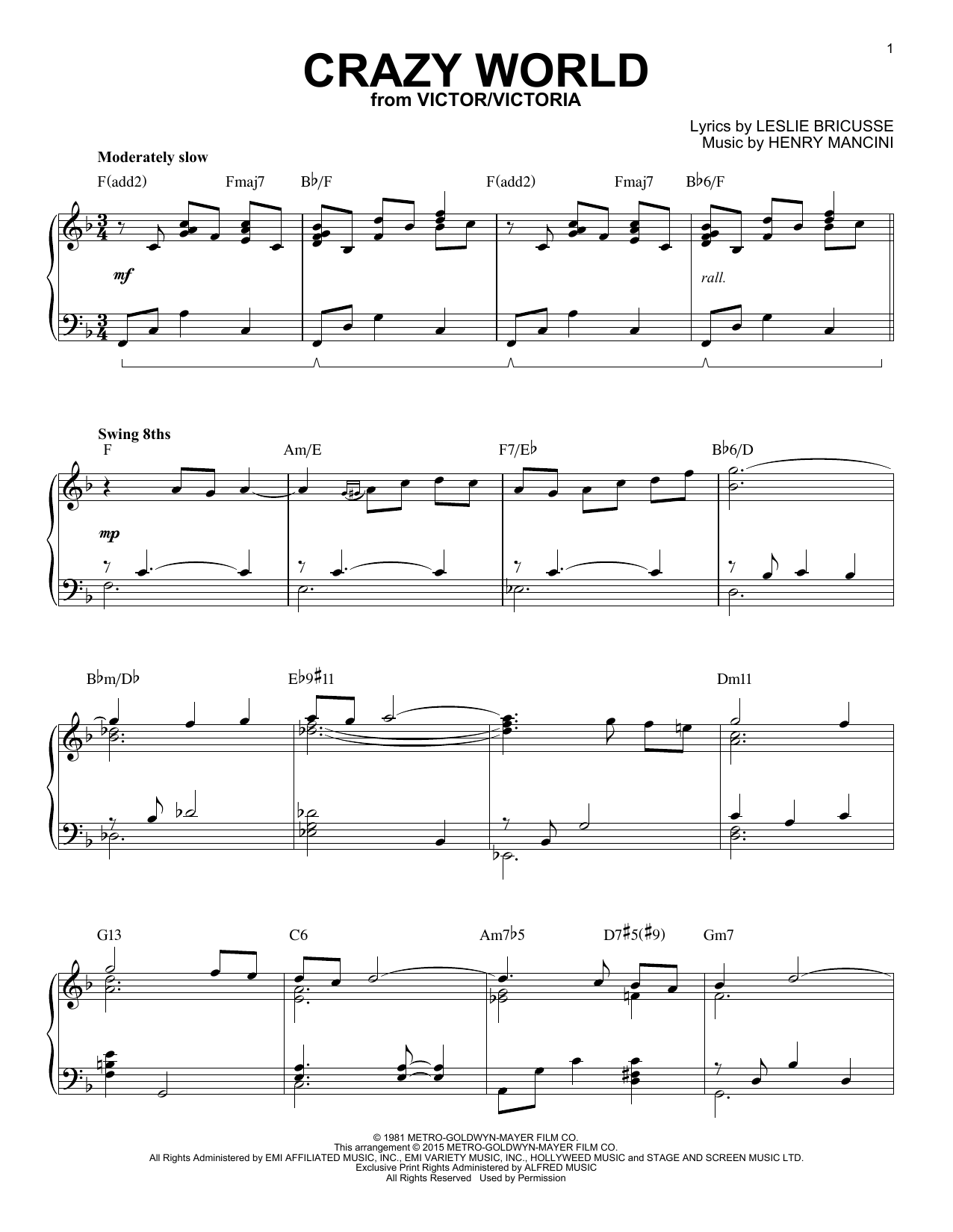 Henry Mancini Crazy World [Jazz version] (arr. Brent Edstrom) Sheet Music Notes & Chords for Piano - Download or Print PDF