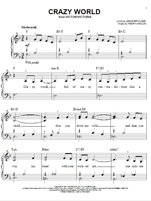 Henry Mancini Crazy World Sheet Music Notes & Chords for Piano - Download or Print PDF