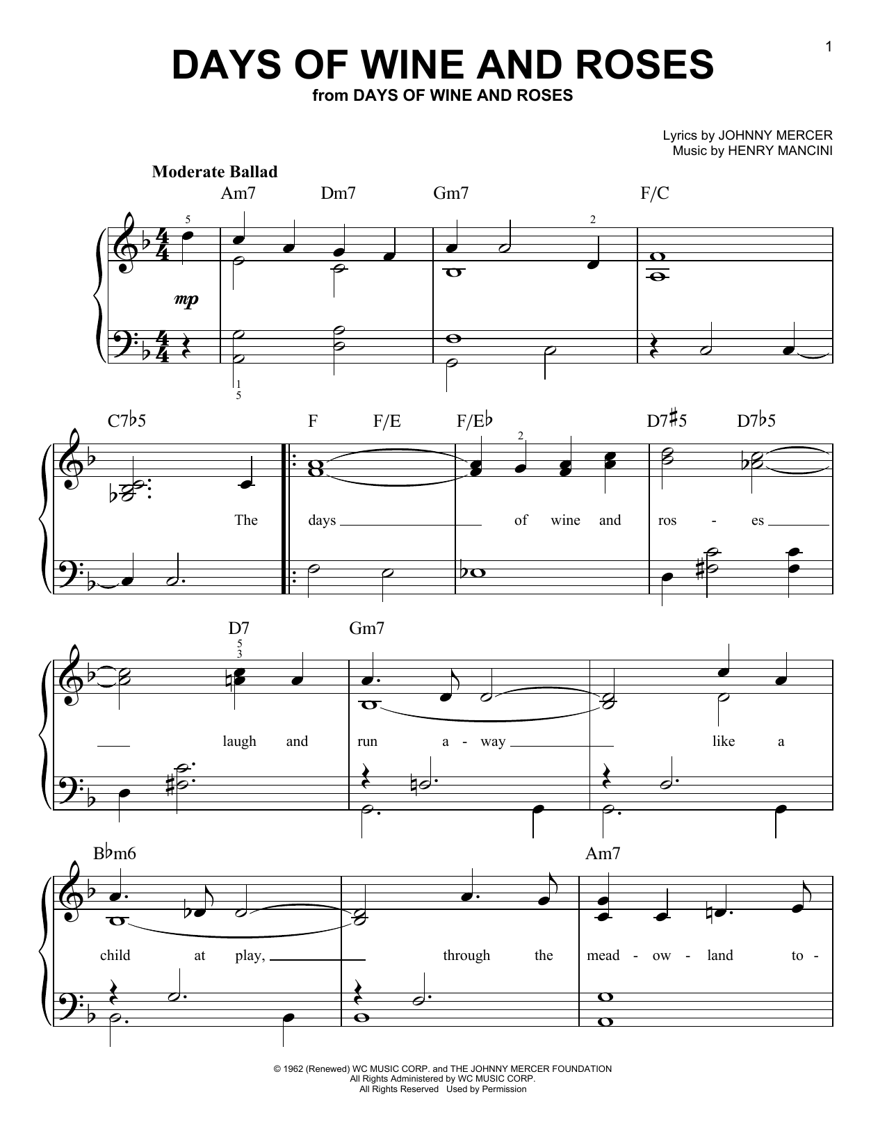 Frank Sinatra Days Of Wine And Roses Sheet Music Notes & Chords for Piano, Vocal & Guitar (Right-Hand Melody) - Download or Print PDF