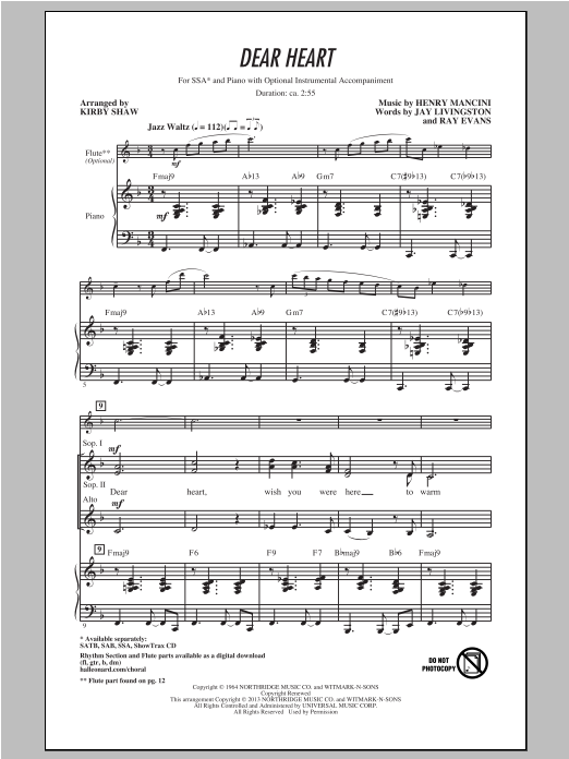 Henry Mancini Dear Heart (arr. Kirby Shaw) Sheet Music Notes & Chords for SAB - Download or Print PDF