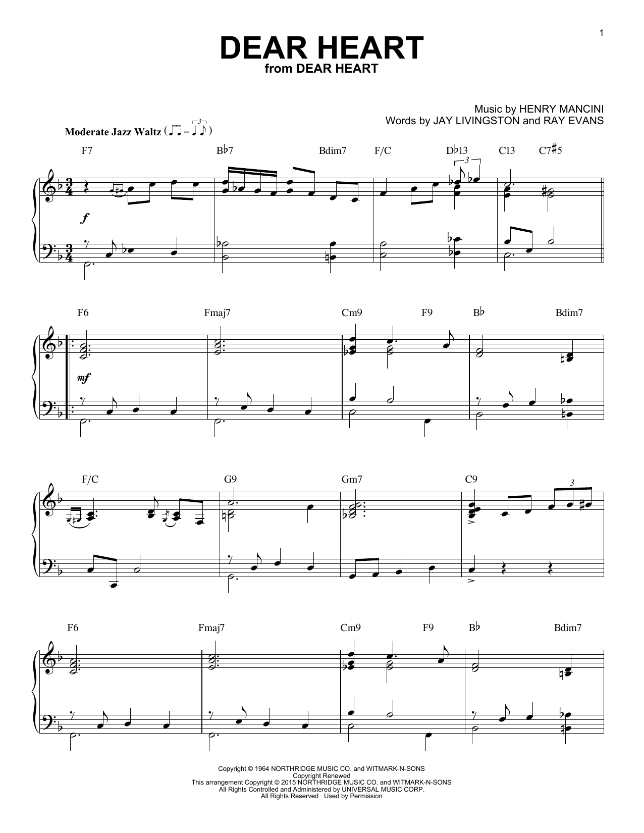 Henry Mancini Dear Heart [Jazz version] (arr. Brent Edstrom) Sheet Music Notes & Chords for Piano - Download or Print PDF