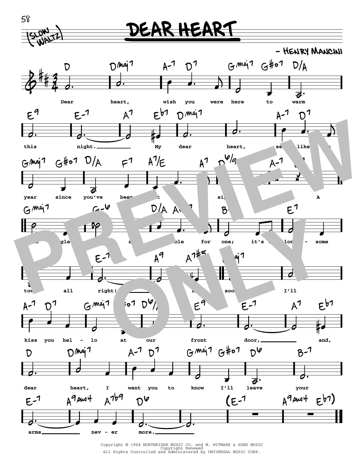 Henry Mancini Dear Heart (Low Voice) Sheet Music Notes & Chords for Real Book – Melody, Lyrics & Chords - Download or Print PDF