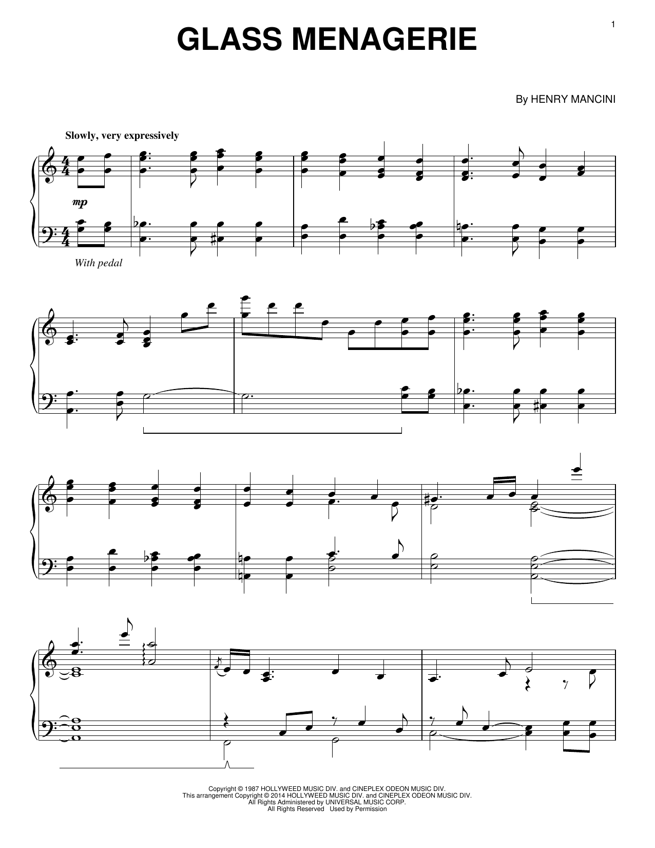 Henry Mancini Glass Menagerie Sheet Music Notes & Chords for Piano - Download or Print PDF