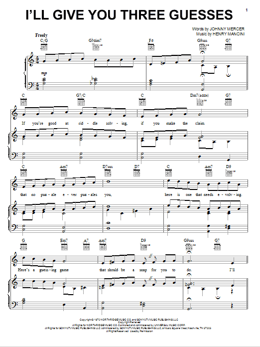 Henry Mancini I'll Give You Three Guesses Sheet Music Notes & Chords for Piano, Vocal & Guitar (Right-Hand Melody) - Download or Print PDF