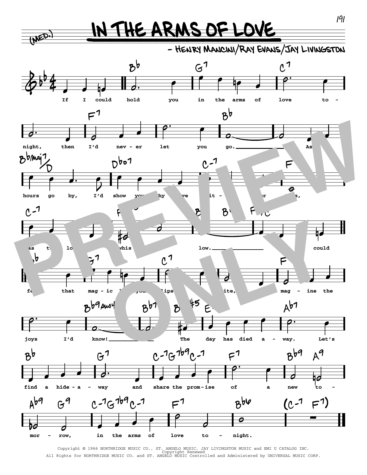 Henry Mancini In The Arms Of Love (High Voice) Sheet Music Notes & Chords for Real Book – Melody, Lyrics & Chords - Download or Print PDF
