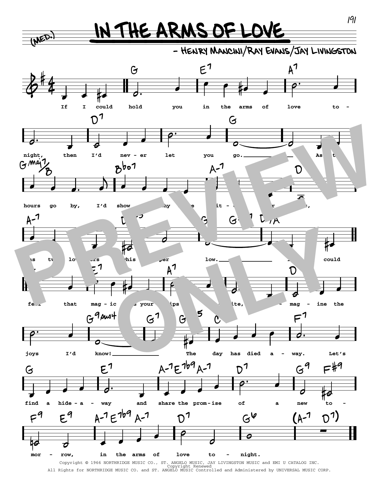 Henry Mancini In The Arms Of Love (Low Voice) Sheet Music Notes & Chords for Real Book – Melody, Lyrics & Chords - Download or Print PDF