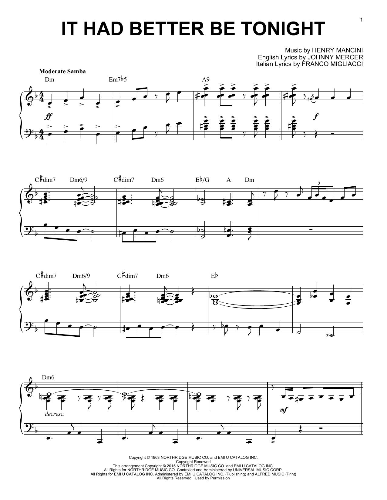 Henry Mancini It Had Better Be Tonight [Jazz version] (arr. Brent Edstrom) Sheet Music Notes & Chords for Piano - Download or Print PDF