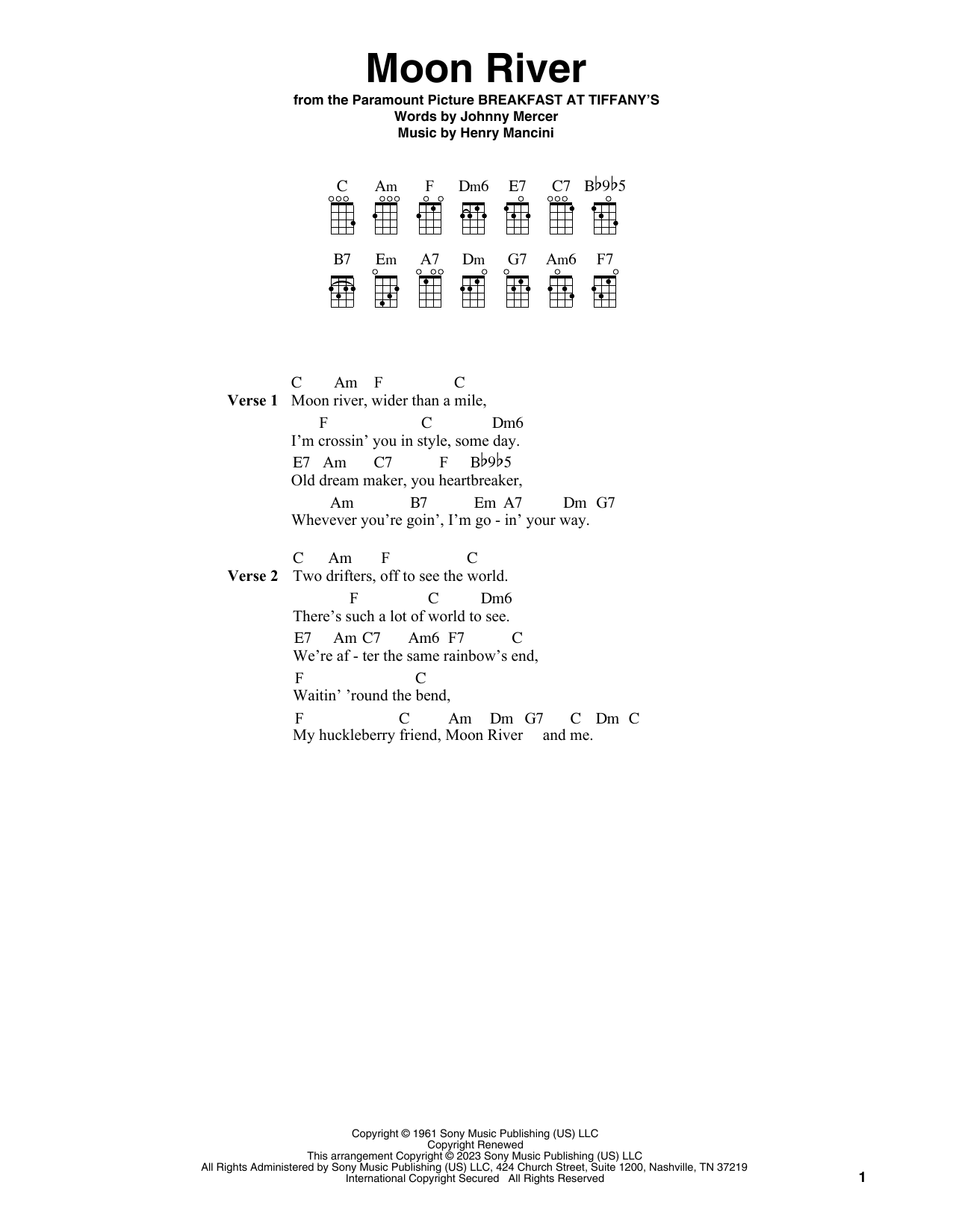 Henry Mancini Moon River (from Breakfast At Tiffany's) Sheet Music Notes & Chords for Easy Ukulele Tab - Download or Print PDF
