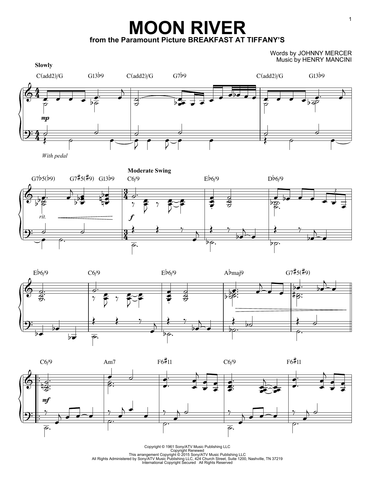 Henry Mancini Moon River [Jazz version] (arr. Brent Edstrom) Sheet Music Notes & Chords for Piano - Download or Print PDF