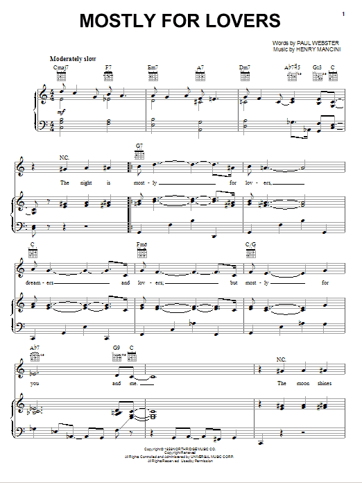 Henry Mancini Mostly For Lovers Sheet Music Notes & Chords for Piano, Vocal & Guitar (Right-Hand Melody) - Download or Print PDF Henry Mancini Mostly For Lovers Sheet Music Notes & Chords for Piano, Vocal & Guitar (Right-Hand Melody) - Download or Print PDF