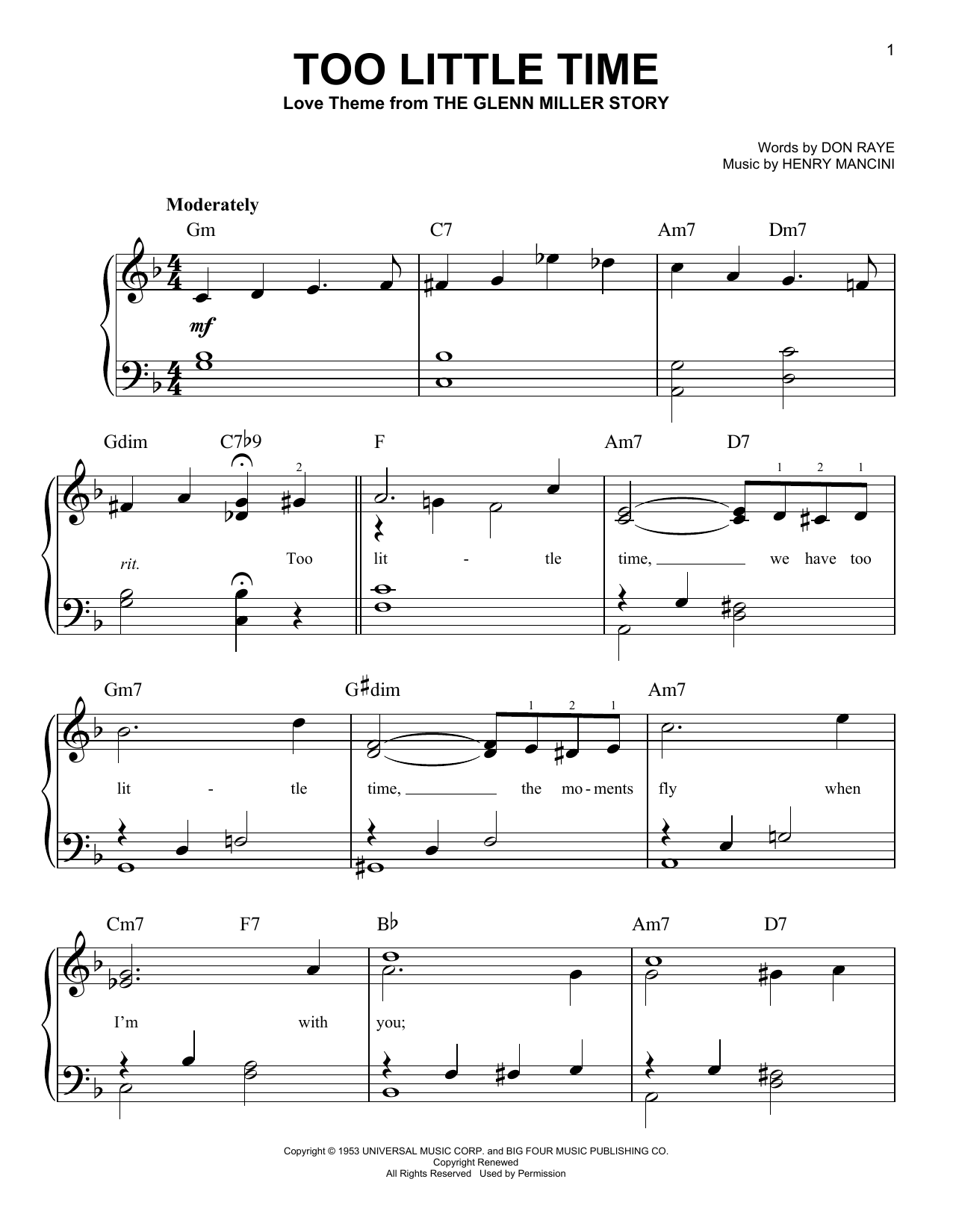 Henry Mancini Too Little Time Sheet Music Notes & Chords for Easy Piano - Download or Print PDF