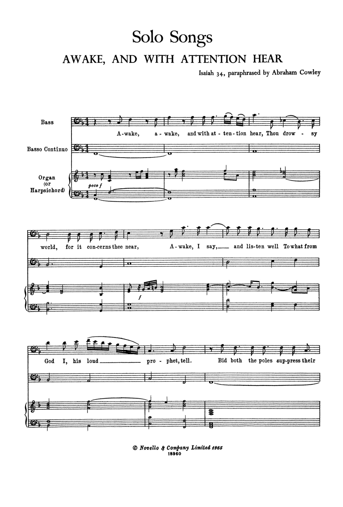 Henry Purcell Awake, and with Attention Hear (for Voice, Bass Continuo and Harpsichord) Sheet Music Notes & Chords for Piano & Vocal - Download or Print PDF