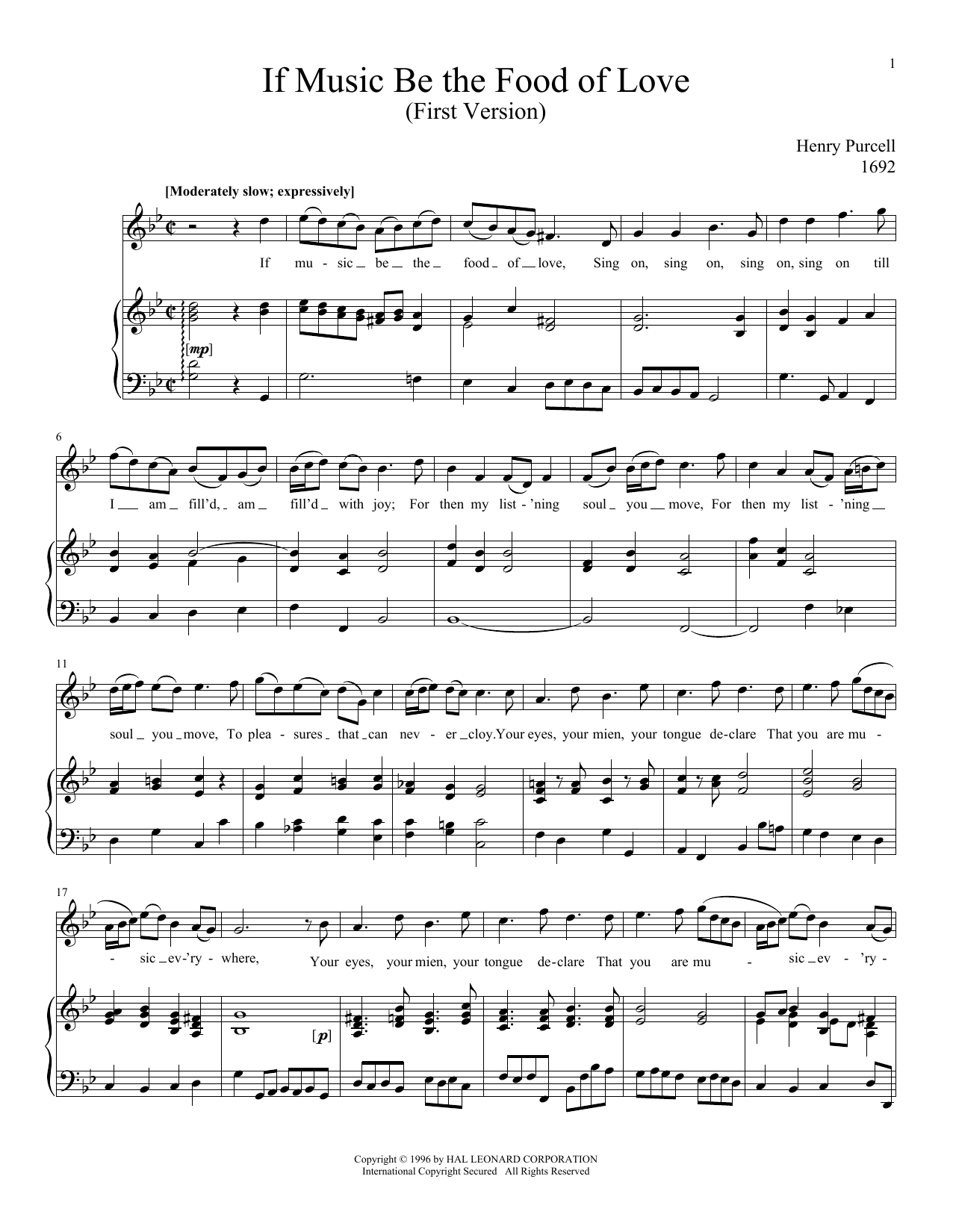 Henry Purcell If Music Be The Food Of Love Sheet Music Notes & Chords for Piano & Vocal - Download or Print PDF