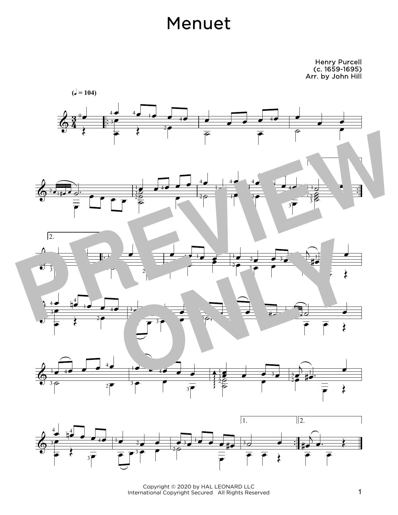 Henry Purcell Menuet Sheet Music Notes & Chords for Solo Guitar - Download or Print PDF