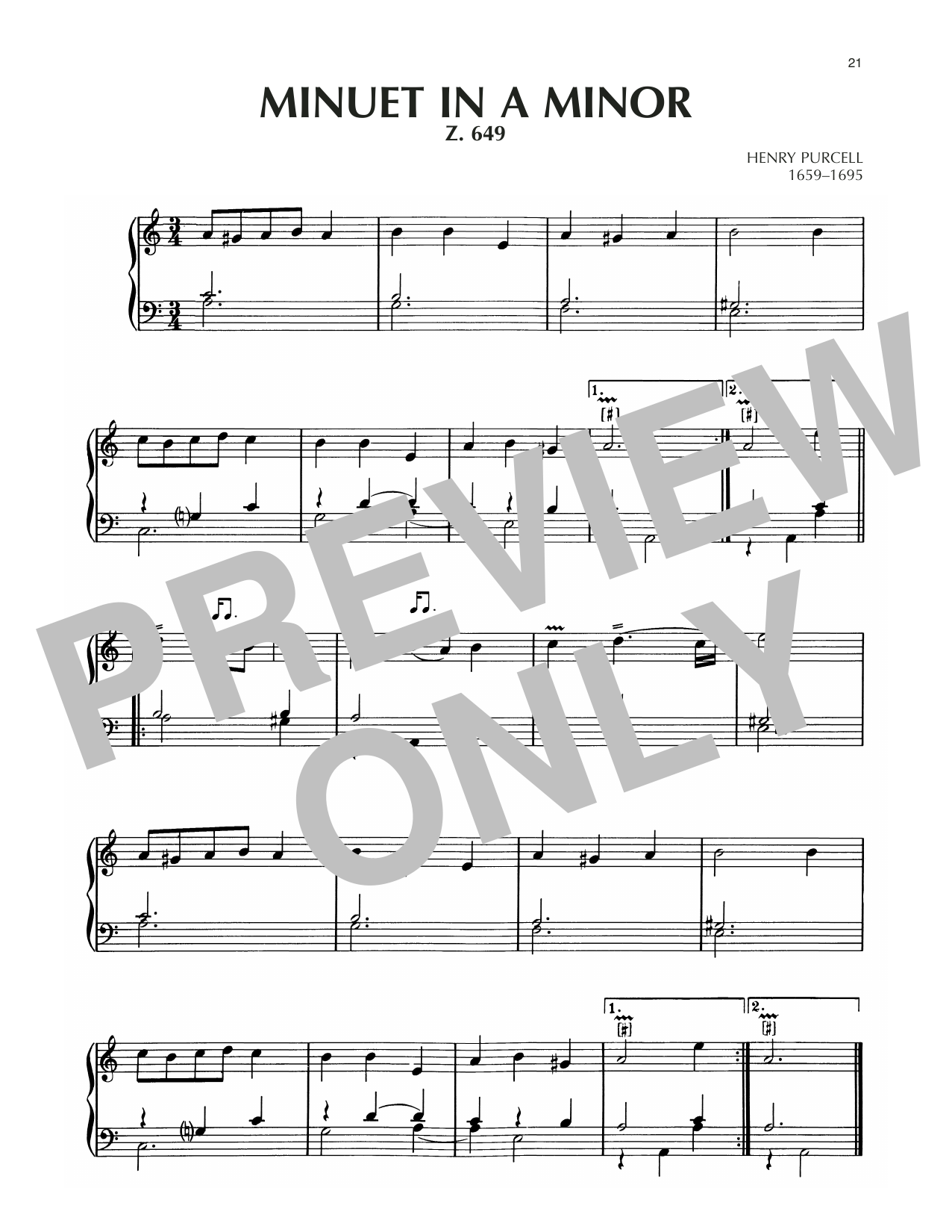Henry Purcell Minuet In A Minor, Z. 649 Sheet Music Notes & Chords for Piano Solo - Download or Print PDF
