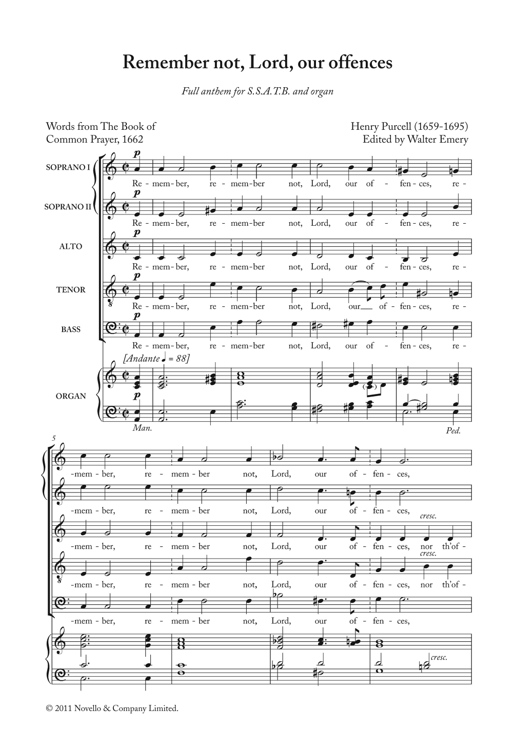 Henry Purcell Remember Not, Lord, Our Offences Sheet Music Notes & Chords for Piano, Vocal & Guitar - Download or Print PDF