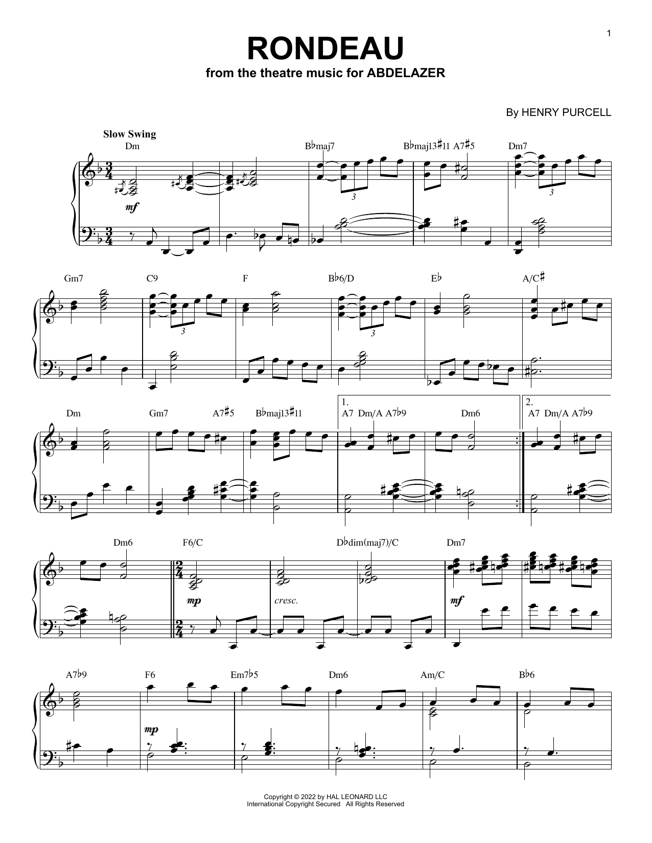 Henry Purcell Rondeau [Jazz version] (arr. Brent Edstrom) Sheet Music Notes & Chords for Piano Solo - Download or Print PDF
