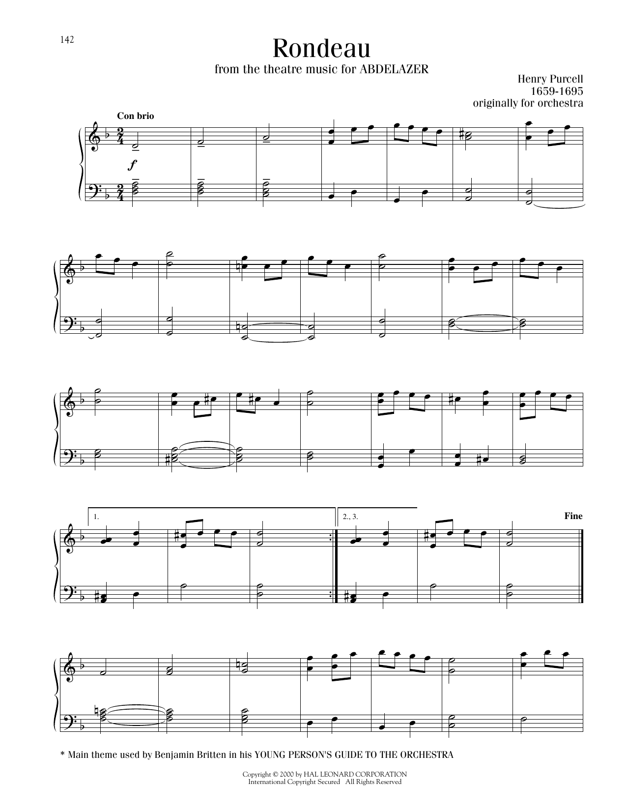 Henry Purcell Rondeau Sheet Music Notes & Chords for Piano Solo - Download or Print PDF
