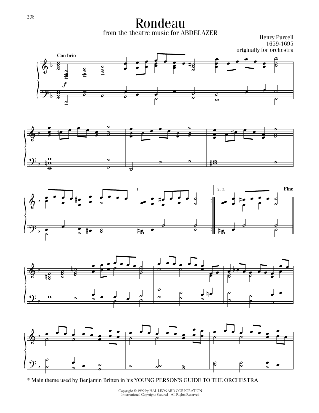 Henry Purcell Rondo (Rondeau) Sheet Music Notes & Chords for Piano Solo - Download or Print PDF