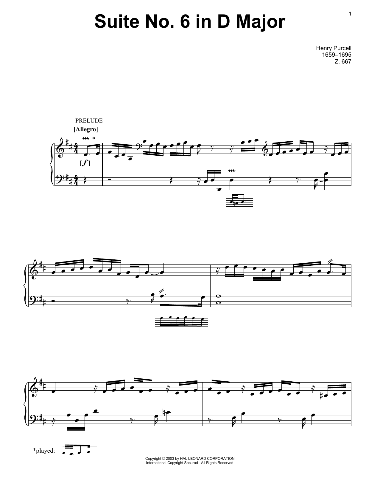 Henry Purcell Suite No. 6 In D Major Sheet Music Notes & Chords for Piano Solo - Download or Print PDF