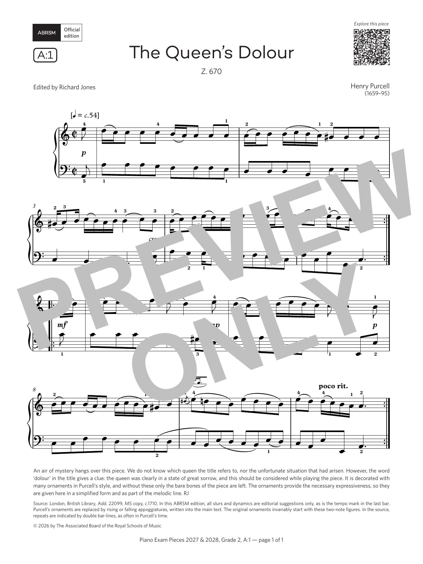 Henry Purcell The Queen's Dolour, (Grade 2, list A1, from the ABRSM Piano Syllabus 2027 & 2028) Sheet Music Notes & Chords for Piano Solo - Download or Print PDF