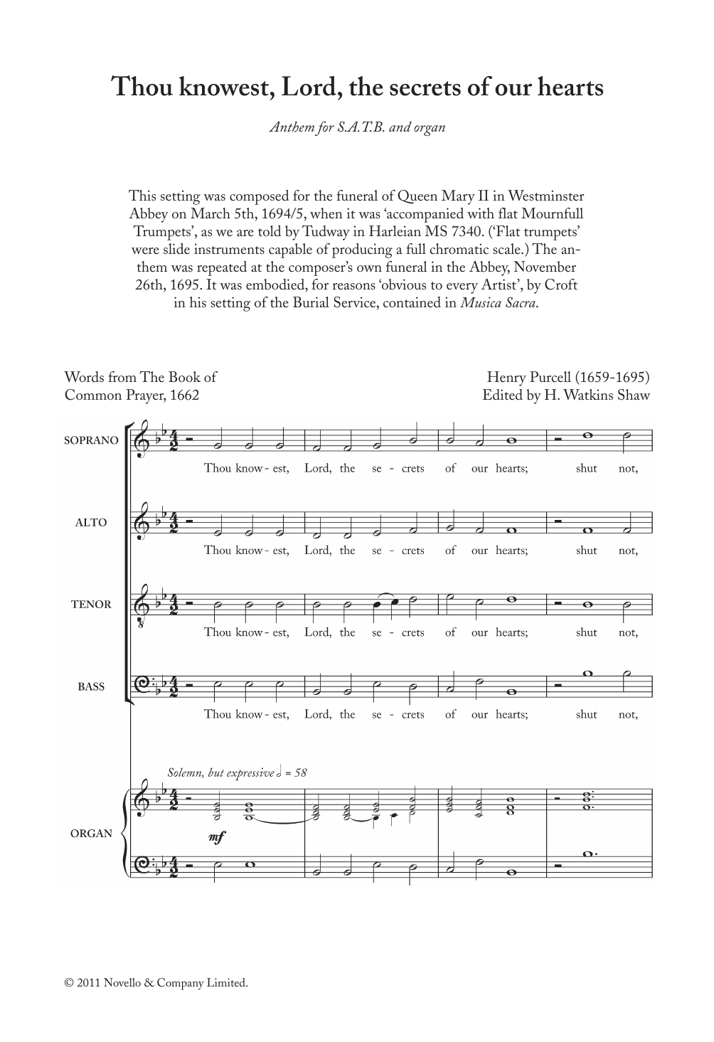 Henry Purcell Thou Knowest, Lord, The Secrets Of Our Hearts Sheet Music Notes & Chords for SATB - Download or Print PDF