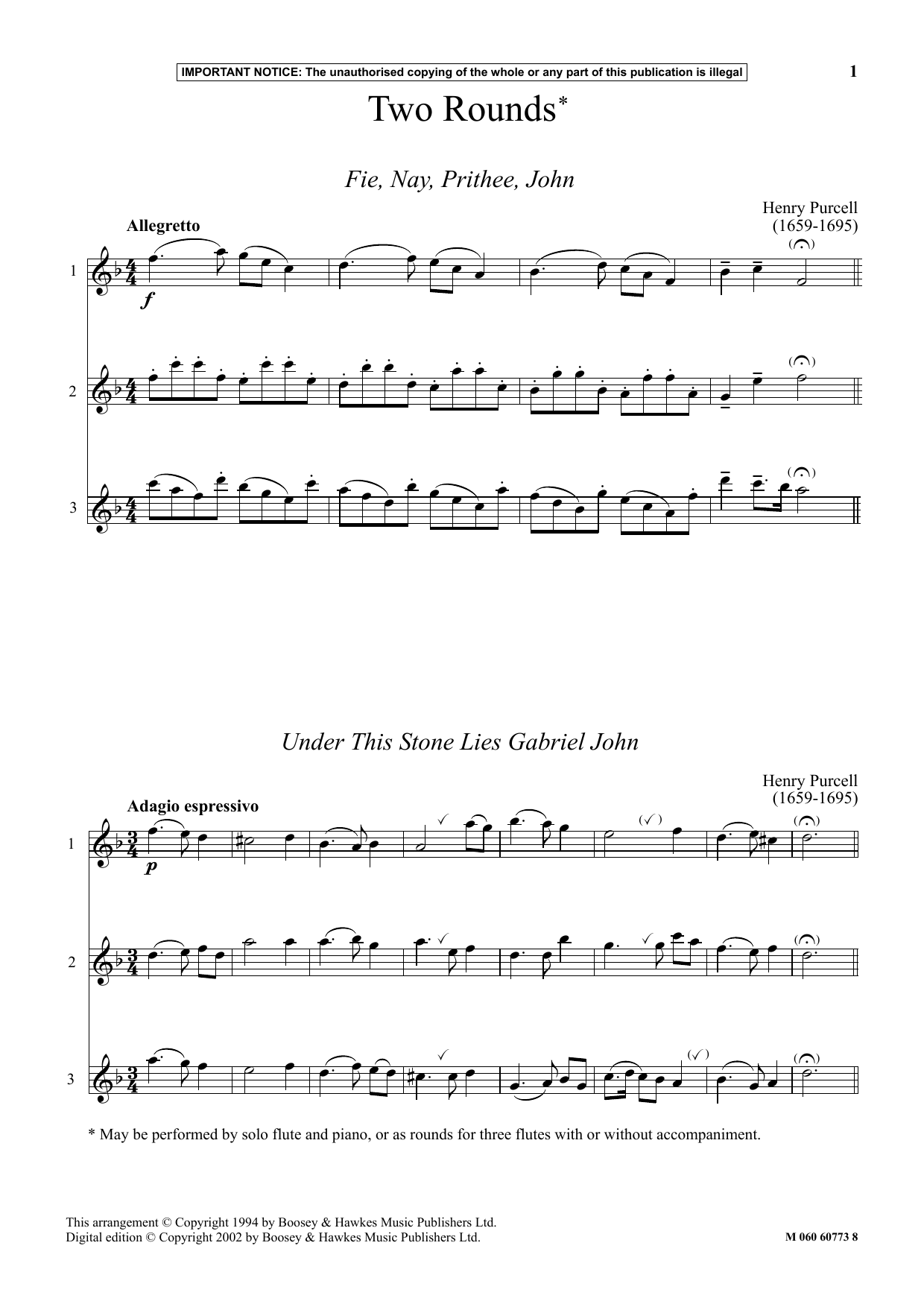 Henry Purcell Two Rounds Sheet Music Notes & Chords for Instrumental Solo - Download or Print PDF