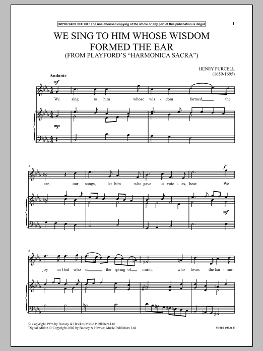Henry Purcell We Sing To Him Whose Wisdom Formed The Ear (From Playford's Harmonica Sacra) Sheet Music Notes & Chords for Piano & Vocal - Download or Print PDF Henry Purcell We Sing To Him Whose Wisdom Formed The Ear (From Playford's Harmonica Sacra) Sheet Music Notes & Chords for Piano & Vocal - Download or Print PDF