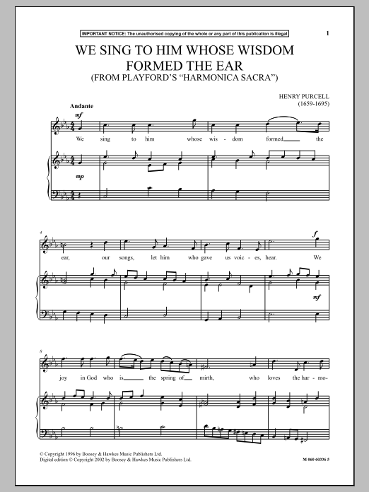 Henry Purcell We Sing To Him Whose Wisdom Formed The Ear (From Playford's Harmonica Sacra) Sheet Music Notes & Chords for Piano & Vocal - Download or Print PDF
