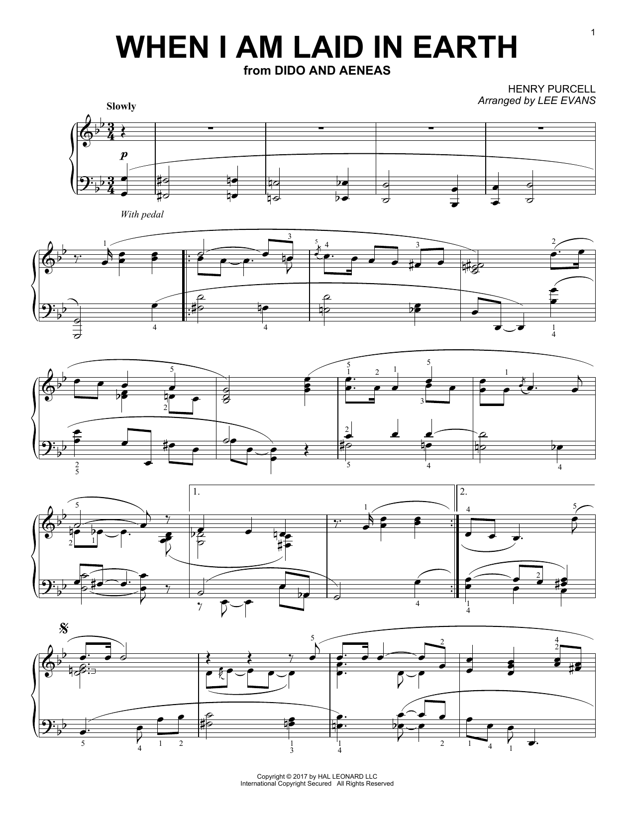 Lee Evans When I Am Laid In Earth Sheet Music Notes & Chords for Piano - Download or Print PDF