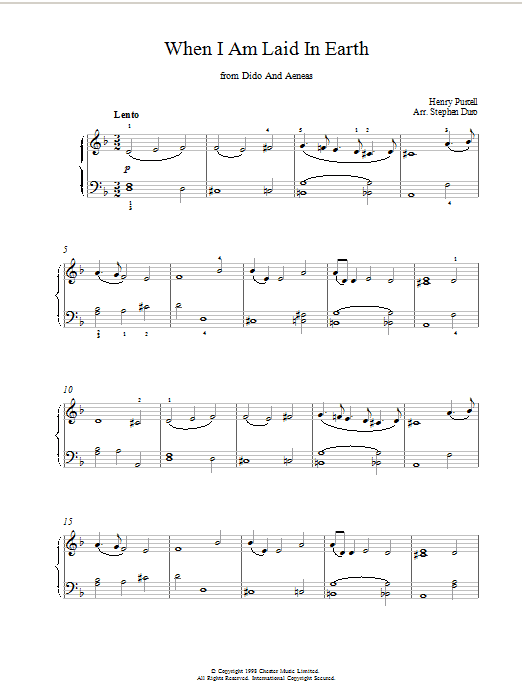 Henry Purcell When I Am Laid In Earth (from Dido and Aeneas) Sheet Music Notes & Chords for Piano Solo - Download or Print PDF