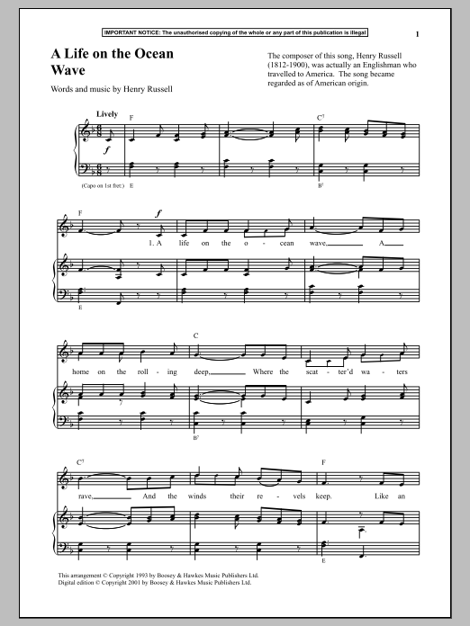 Henry Russell A Life On The Ocean Wave Sheet Music Notes & Chords for Piano Solo - Download or Print PDF