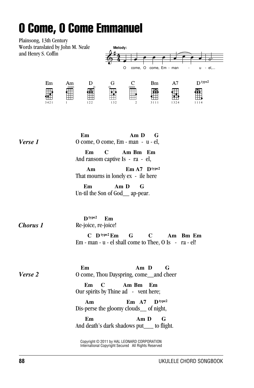 Henry S. Coffin O Come, O Come Immanuel Sheet Music Notes & Chords for Ukulele with strumming patterns - Download or Print PDF