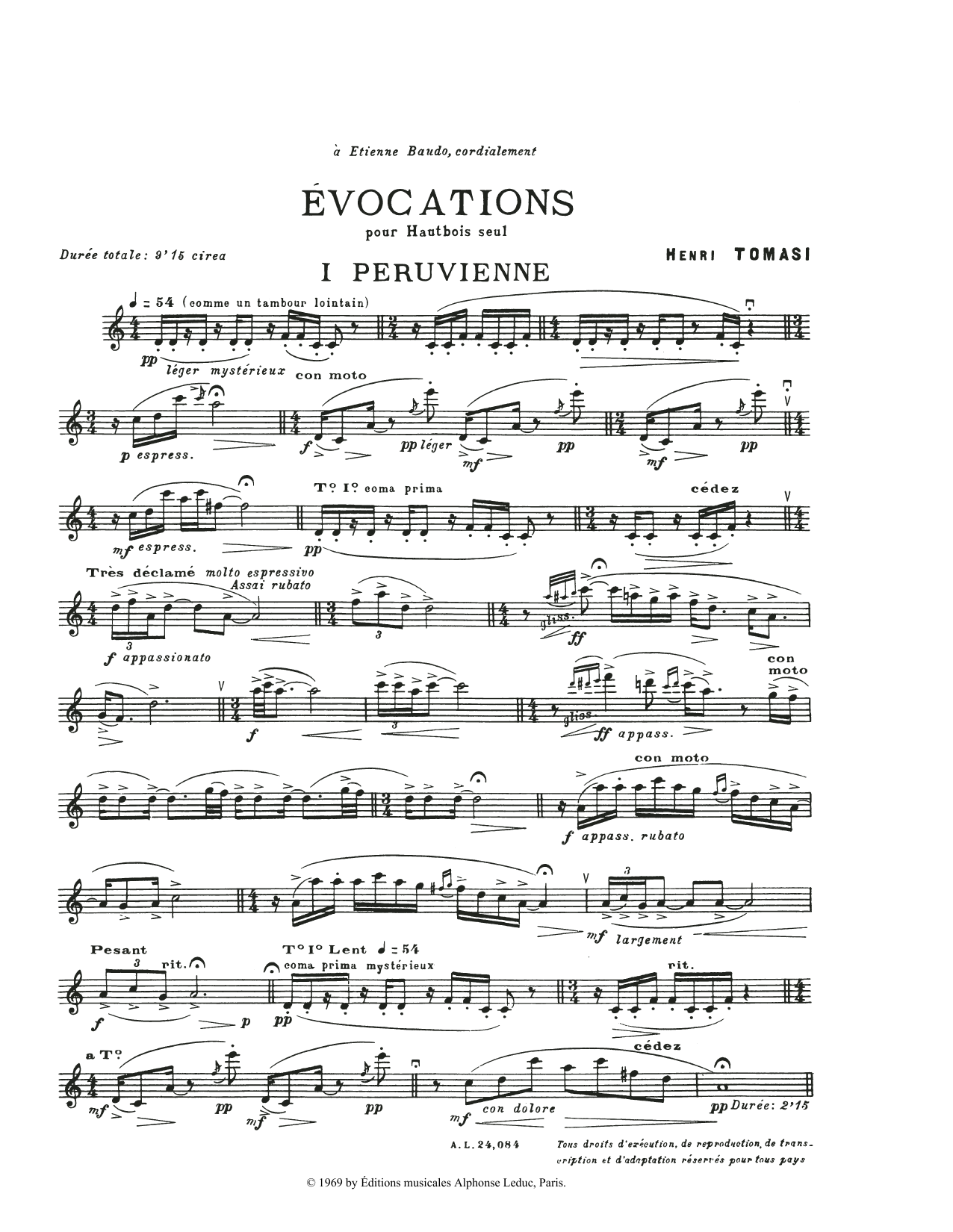 Henry Tomasi Evocations Sheet Music Notes & Chords for Oboe Solo - Download or Print PDF