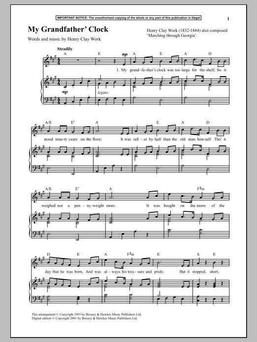 Preview Henry Clay Work My Grandfather's Clock Unclassified sheet music, notes and chords for Piano, SKU: 90043 My Grandfather's Clock sheet music