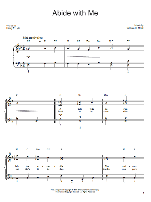 Preview Henry F. Lyte Abide With Me Hymn sheet music, notes and chords for Piano, Vocal & Guitar (Right-Hand Melody), SKU: 75038 Abide With Me sheet music