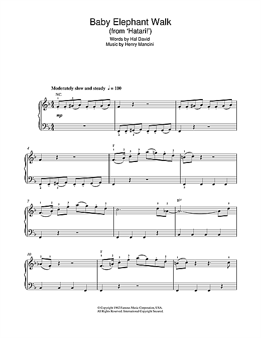 Henry Mancini Baby Elephant Walk From Hatari Sheet Music Download Pdf Score
