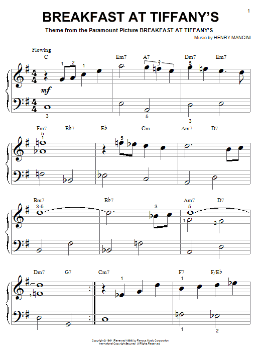 Preview Henry Mancini Breakfast At Tiffany's Jazz sheet music, notes and chords for Melody Line, Lyrics & Chords, SKU: 182344 Breakfast At Tiffany's sheet music