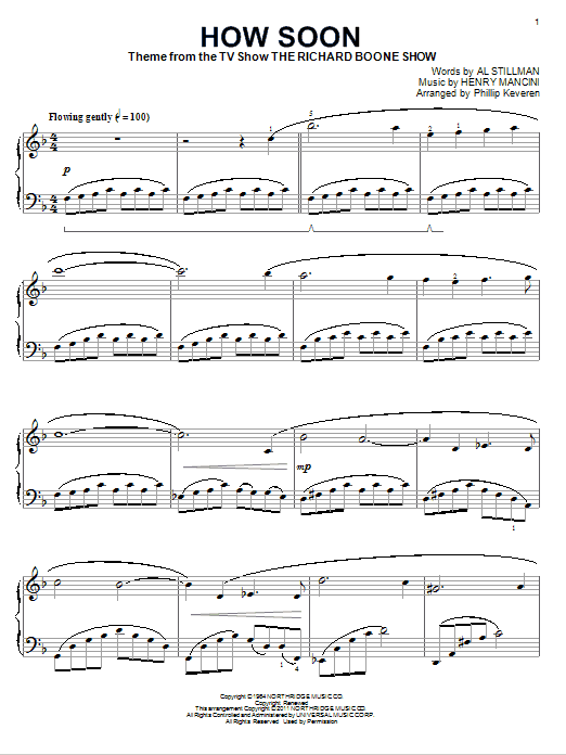 Preview Henry Mancini How Soon Pop sheet music, notes and chords for Piano, Vocal & Guitar (Right-Hand Melody), SKU: 81329 How Soon sheet music