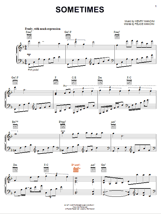 Preview Henry Mancini Sometimes Pop sheet music, notes and chords for Piano, Vocal & Guitar (Right-Hand Melody), SKU: 81313 Sometimes sheet music