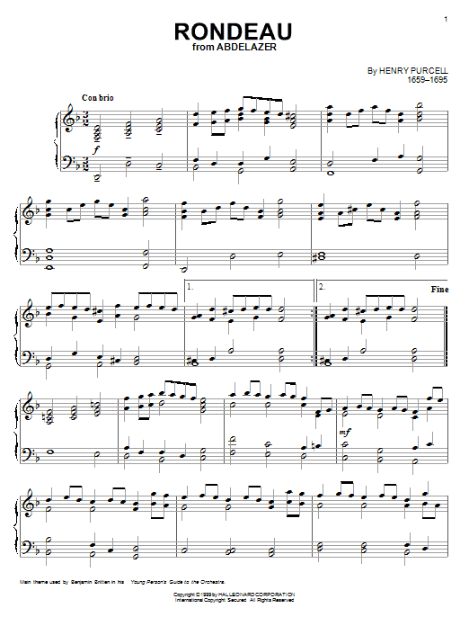 Preview Henry Purcell Rondeau Classical sheet music, notes and chords for Piano, SKU: 72238 Rondeau sheet music