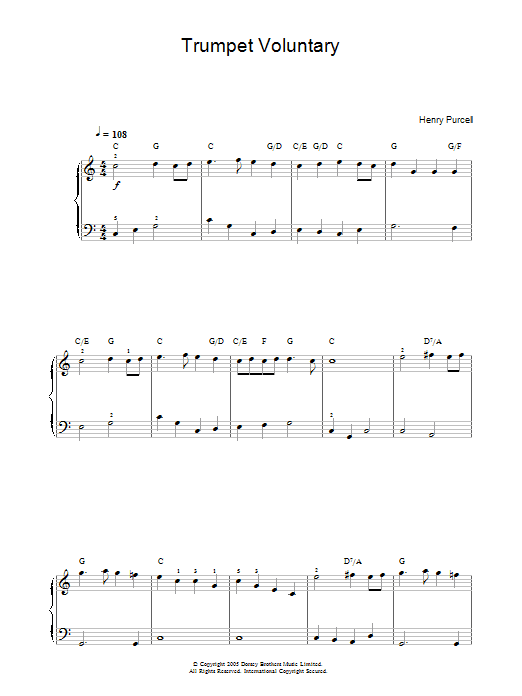 Preview Jeremiah Clarke Trumpet Voluntary Classical sheet music, notes and chords for Beginner Piano, SKU: 33831 Trumpet Voluntary sheet music