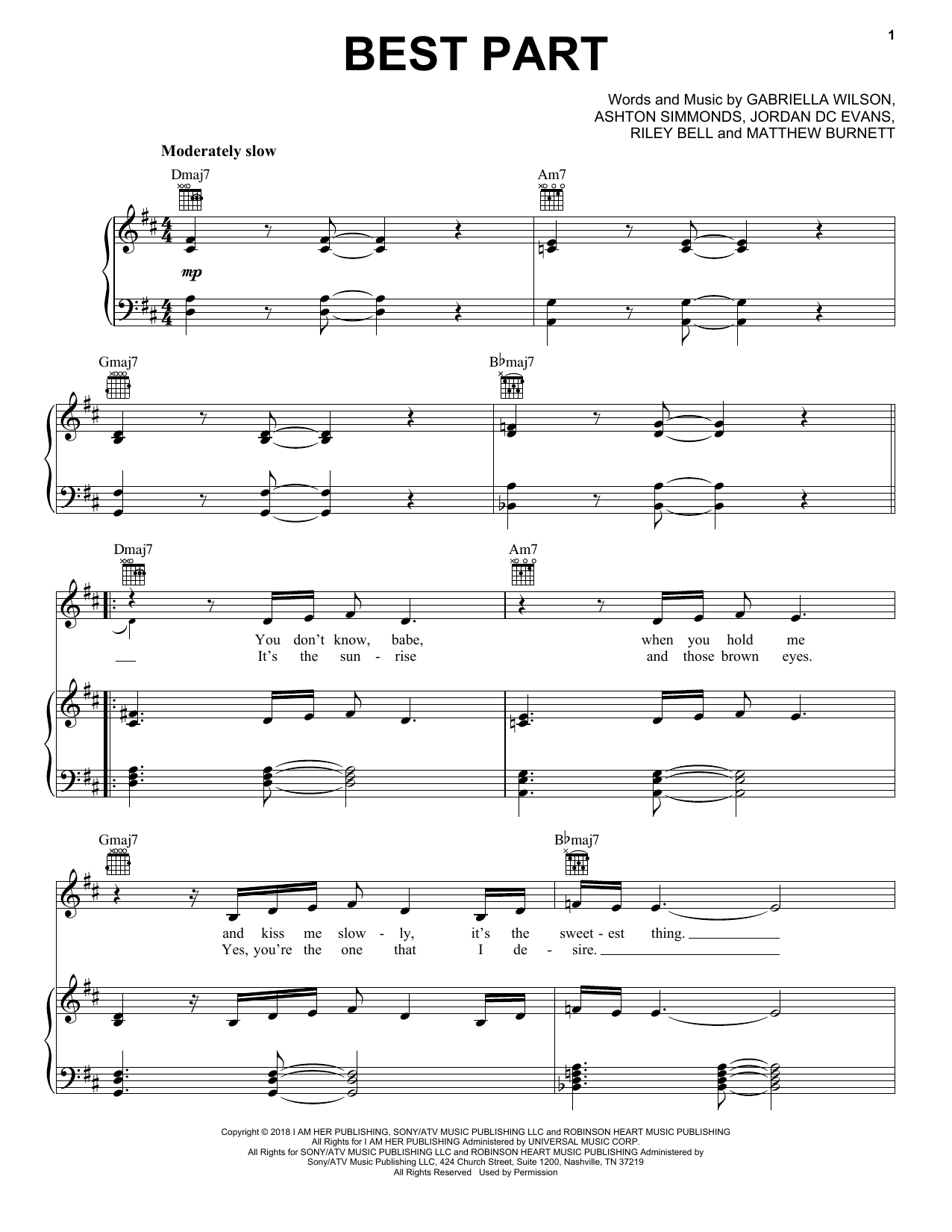 H.E.R. Best Part (feat. Daniel Caesar) Sheet Music Notes & Chords for Piano, Vocal & Guitar (Right-Hand Melody) - Download or Print PDF